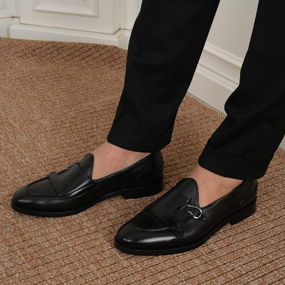 Men's Premium Italian Style Patent Leather Shoes with Silver Buckle - Black