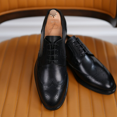 Mens Premium 100% Leather Special Light Eva Sole Lace-Up Classic Shoes - Black