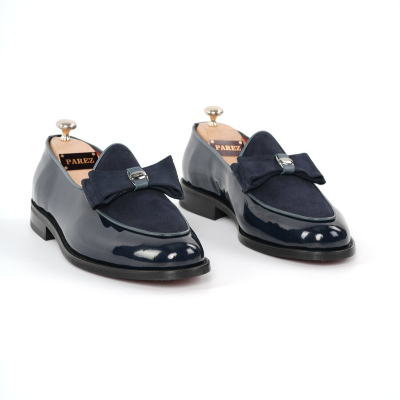 Italian Style Interior Exterior Patent Leather Garni Suede Silver Buckle Men's Shoes - Navy Blue